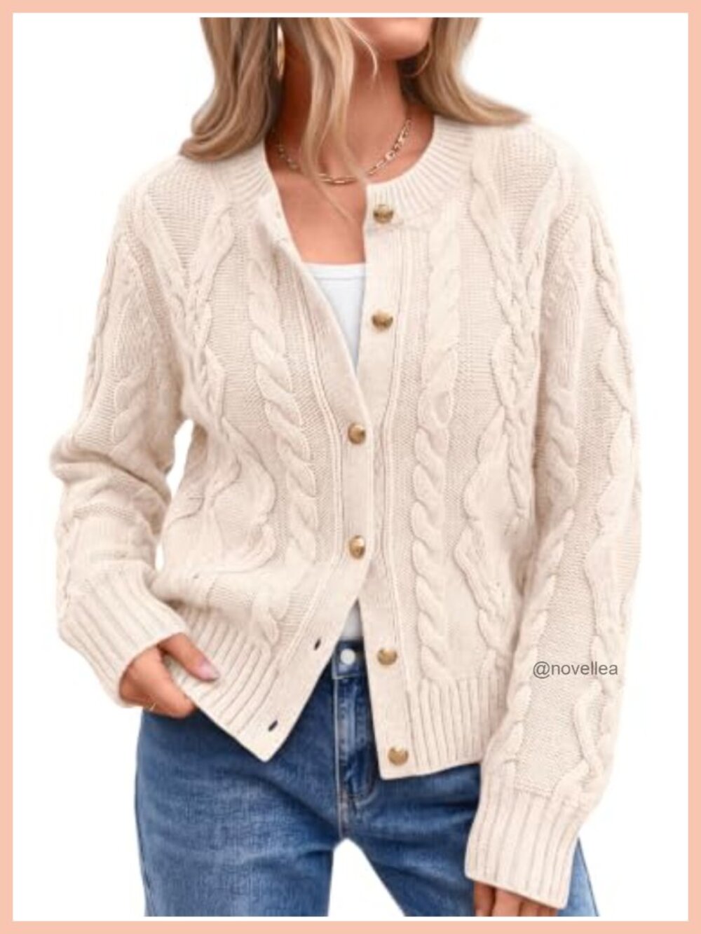 Cable Knit Cardigan Sweater Button Front Crew Neck Chunky Cotton Blend